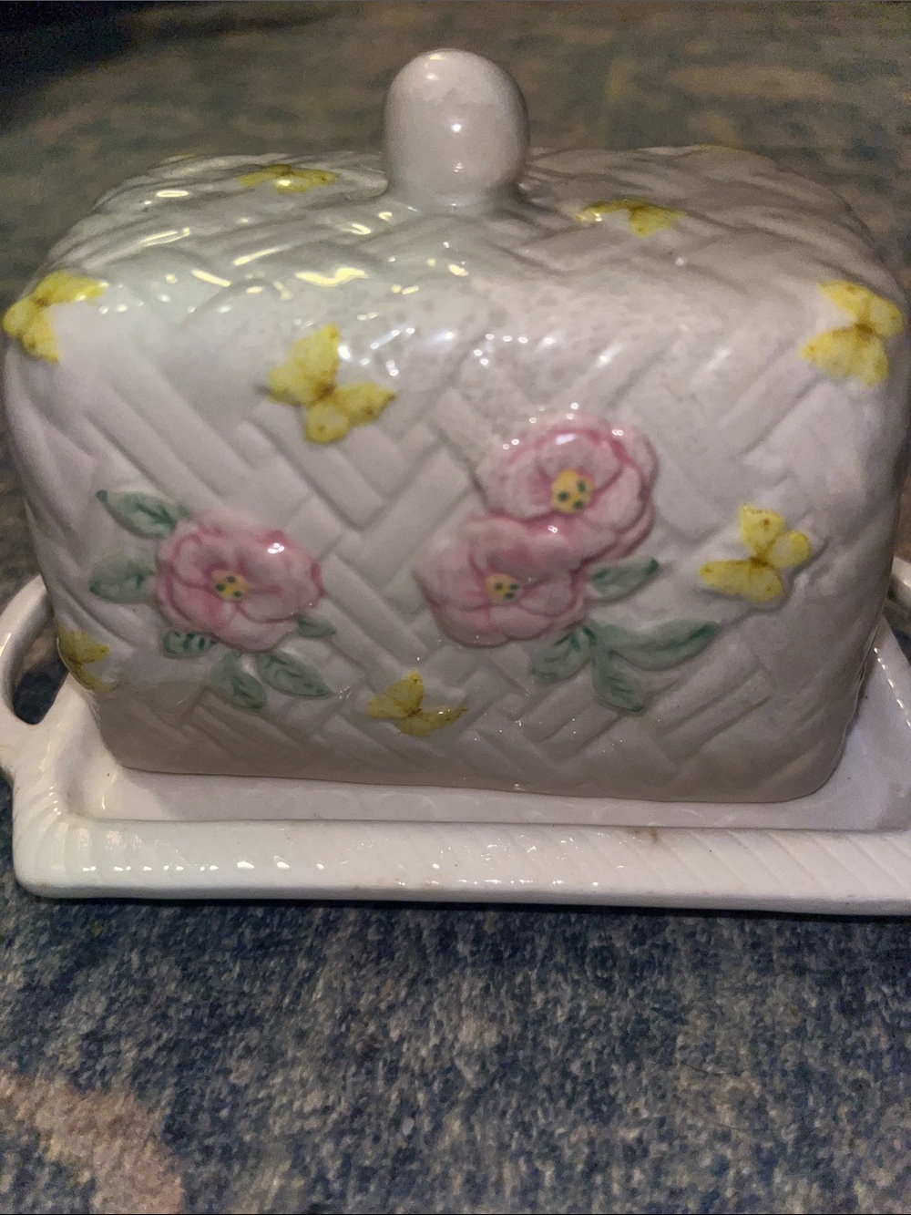 Porcelain Floral Butter Dish with Pink Roses and Yellow Butterflies